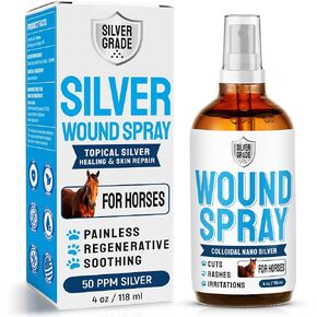 Horse Wound Care Spray with Silver – Wounds, Scratches, Cuts, Abrasions, Itching, Hot Spots, Skin Irritation – First Aid Solution and Breeds – 4 Oz