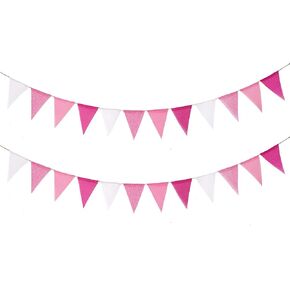 24pcs Pink Pennant Banner, Pre-Strung Imitated Burlap Fabic Triangle Flags Bunting Garland Steamers, Pink Haning Party Decorations for Women.