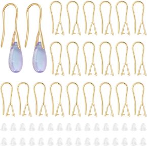 UNICRAFTALE About 32Pcs Real 24K Gold Plated Earring Hooks with Pinch Bails French Ear Wires with Pendant Clasp Drop Earring Hooks Finding for Jewelry Making DIY Findings