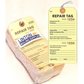 Equipment Repair TAG w Tear-Off Stub, Sequentially Numbered, 5.75" x 2.875", Black Print on Durable Manila Cardstock w Reinforced Hole, Pre-Strung - Pack of 100 Tags