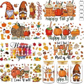 Autumn UV DTF Cup Wrap - 8 Sheets Hello Fall Pumpkins Halloween UV DTF Cup Wraps for 16 oz Glass Mugs, Thanksgiving Sunflower Turkey Cat Transfer Stickers Decals for Bonfire Party Creative Decorations