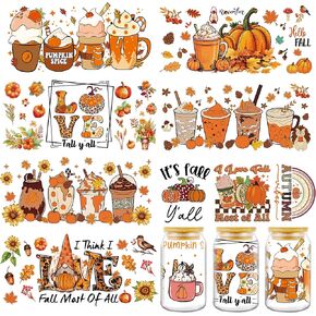Autumn UV DTF Cup Wrap - 8 Sheets Hello Fall Pumpkins Halloween UV DTF Cup Wraps for 16 oz Glass Mugs, Thanksgiving Sunflower Turkey Cat Transfer Stickers Decals for Bonfire Party Creative Decorations in Kuwait