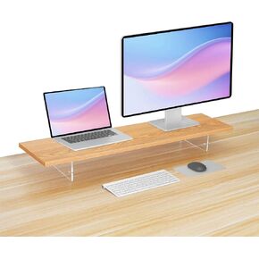 Wood Monitor Stand Riser with Acrylic Legs, Computer Screen Stand Desk Organizer, 31.5 x 7.9 x 3.1 inch, Hold up to 66 lbs (Natural, 31.5"×7.9"×3.1")
