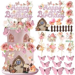 26 PCS Fairy Cake Toppers, Fairy Cake Decorations Fairy Birthday Party Decorations Fairy First Birthday Decorations Supplies for Woodland Garden Fairy Baby Shower