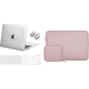 Mosiso متوافق مع MacBook Air 13.6 بوصة العلبة 2022 إطلاق A2681 M2 ، حقيبة الأكمام النيوبرين مع علبة صغيرة وغطاء صلبة وغطاء لوحة المفاتيح ووقاية الشاشة ونوع C Adapter 2 Pack ، Crystal Clear & Pink