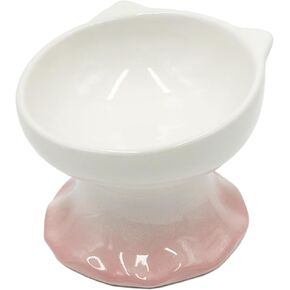 Cat Face Ceramic Elevated Pet Bowl, Anti-Tip Tilt Design Food and Water Dish for Cats and Small Dogs, Cute Creative Pet Supplies, White and Pink