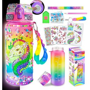 See You Always Decorate Your Own Light-up Water Bottle Kits for Girls Age 4-6-8-10, Unicorn Diamonds Crafts with Glitter Gem Stickers, Fun Arts and Crafts Gifts Toys for Girls Birthday Christmas