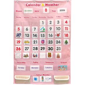 Pink Educational Calendar & Weather Pocket Chart Set for Kids - Classroom Learning Tool with 147 Double-Sided Cards, Daily Routine Tracker for Preschool to Elementary (Pink)
