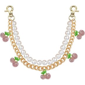 LKMUPNR 11" Cherry Bag Charm,Cherry Purse Charm,Pearl Purse Strap,Pearl Bag Strap,Gold Wallet Chain,Pants Chain for Handbags, DIY Accessories (Pink)