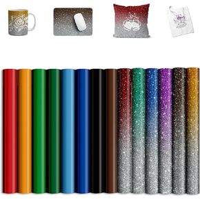 Sublimation Transfer Ink Sheets for Cricut Heat Press, Solid Color Glitter Pre-Inked Transfer Paper for T-Shirts, Mugs, Tumblers, 12"x10",14pcs