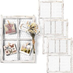 Chunful 4 Pack Chicken Wire Wooden Frame Unfinished Wood Window Frame with Chicken Wire Mesh for Crafts Photos Jewelry Decoration (White)