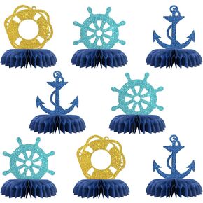 Nautical Table Honeycomb Centerpieces Decorations - Glitter 8 Pcs Ship Anchor Baby Shower Party Table Toppers Decor - Wedding - Engagement - Nautical Sailor Birthday Party Decoration Supplies