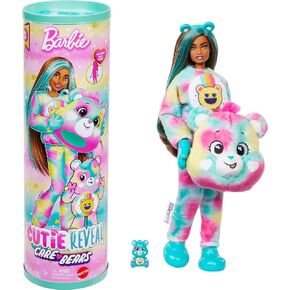Barbie Cutie Reveal Care Bears Doll & Accessories, Series 2 Good Vibes Bear with 10 Surprises Including Color Change & Mini Bear