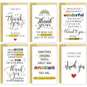 6 Pcs Thank you Cards with Envelope, 8 x 5.3 Inches, Appreciation Card for Men Women, Lovely Thank You Gifts Card for Friend, Coworker, Teacher