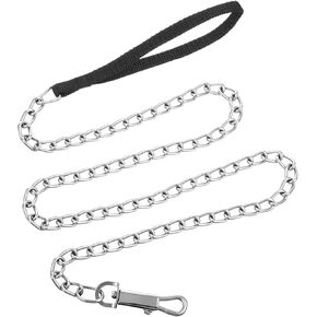 Metal Chain Heavy Duty Dog Leash 4 FT Stainless Steel Cuban Dog Link Chains Labor Chew Proof Pet Leash Chain with Soft Padded Handle for Medium Big Dogs Walking Traffic Training Traveling