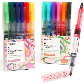 Dual Tip Notetaking Pens (3.5mm Chisel + 0.5mm Needle), Dual Tip Highlighter Markers for Journaling, Colored Pens for Note Taking and Adult Coloring Books (2 value pack)
