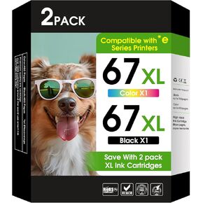 67XL 67 Ink Cartridges Black/Color Combo Pack Compatible for HP Ink 67 67XL Printer Ink Works with Envy 6455e 6400 6155e 6055e 6000 Deskjet 4255e 4155e 4100e 2755e 2700 (Black, Color) 2Pack