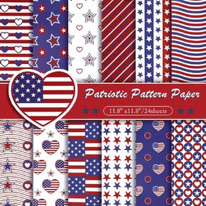 Konsait 24 Sheets Patriotic Scrapbook Paper 12x12, Double Sided Red White and Blue Decorative Cardstock 4th of July Scrapbook Paper Patriotic papers Craft Scrapbooking Supplies