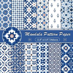 Konsait 24 Sheets Mandala Flower Scrapbook Paper 12x12, Blue and White Chinoiserie Pattern Paper Double Sided Chinoiserie Cardstock Craft Papers for Card Making Origami Papers Scrapbook Supplies