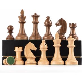 A&A Premium Triple Weighted Staunton Wooden Chess Pieces w/ 2 Extra Queen - King Height 3.75"/9.5cm / 2 Storage Bags - Natural Walnut Wood