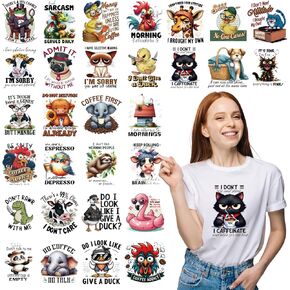 Dtf Transfers Ready to Press - 30 Sheets Sarcastic Quotes Iron on Transfers for T Shirts Stickers, Funny Animals Heat Transfer Vinyl Crafts, Humorous Iron on Decals for Clothes Fabric DIY Designs