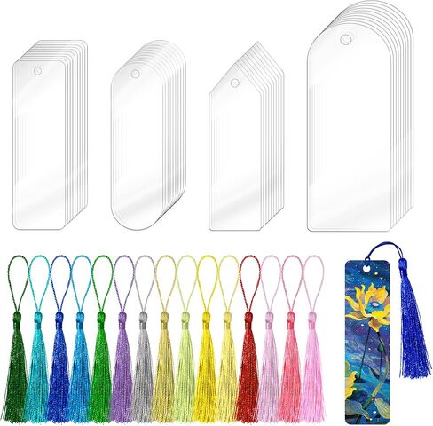60PCS Acrylic Bookmark Blanks, DIY Bookmark Making Kit Bulk Bookmarks with Tassels for Kids Adults Teacher, Plastic Plain Transparent Clear Blank Book Marks Decorating Supplies for Crafts (4 Shape) in Kuwait