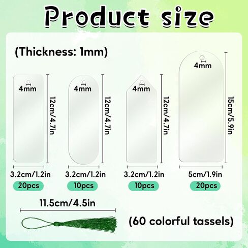 60PCS Acrylic Bookmark Blanks, DIY Bookmark Making Kit Bulk Bookmarks with Tassels for Kids Adults Teacher, Plastic Plain Transparent Clear Blank Book Marks Decorating Supplies for Crafts (4 Shape) in Kuwait