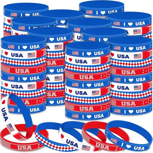 Lenwen 48 Pcs American Flag Silicone Bracelets Bulk Labor Day Party Favors USA Patriotic Red White and Blue Rubber Wristband Party Favors Workers' Veterans Day School Gifts in Saudi Arabia