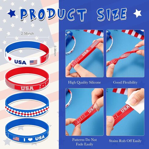 Lenwen 48 Pcs American Flag Silicone Bracelets Bulk Labor Day Party Favors USA Patriotic Red White and Blue Rubber Wristband Party Favors Workers' Veterans Day School Gifts in Saudi Arabia