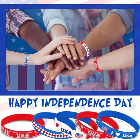 Lenwen 48 Pcs American Flag Silicone Bracelets Bulk Labor Day Party Favors USA Patriotic Red White and Blue Rubber Wristband Party Favors Workers' Veterans Day School Gifts in Saudi Arabia