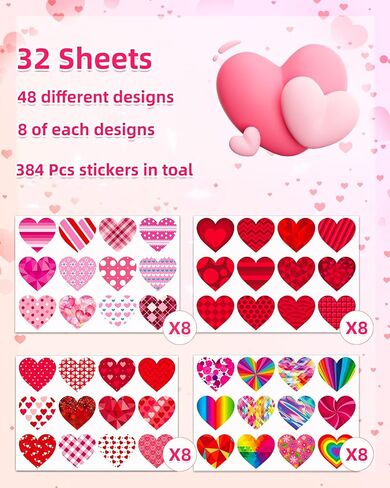 32 Sheets Heart Stickers, 384 Pcs Valentines Day Stickers for Kids, Holiday Sticker for Envelopes, Cards or Gifts Bags Decor (48 Designs 8 Each) in Saudi Arabia
