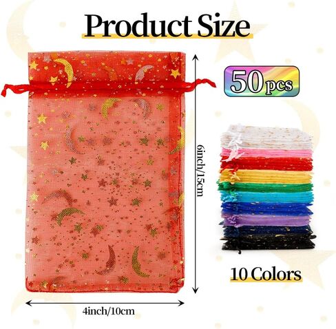 Moon Star Organza Bags 4x6 Small Mesh Bag Drawstring 50 Pcs Mesh Gift Bags Drawstring Pouch Jewelry Pouches Bulk Wedding Favor Bag Gift Pouch for Candy Make up Soaps Birthday Festival Party Supplies in Kuwait