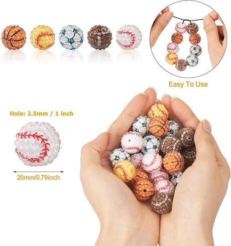 Fashewelry 30pcs Rhinestone Bubblegum Beads 20mm Baseball Disco Sport Theme Resin Round Gumball Beads for Beadable Pen Lanyards Keychain Bag Chain Jewelry Making in Saudi Arabia