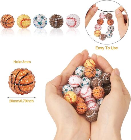 Fashewelry 30pcs Rhinestone Bubblegum Beads 20mm Baseball Disco Sport Theme Resin Round Gumball Beads for Beadable Pen Lanyards Keychain Bag Chain Jewelry Making in Saudi Arabia