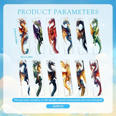UV DTF Bookmark Wraps - 24 Sheets Dragon UVDTF Decals for Acrylic Bookmark Blanks, Double-Sided Printing Rub on Transfer Stickers, UV DTF Stickers for Dragon Lovers Adults DIY Crafts in Saudi Arabia