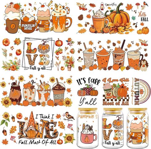 Autumn UV DTF Cup Wrap - 8 Sheets Hello Fall Pumpkins Halloween UV DTF Cup Wraps for 16 oz Glass Mugs, Thanksgiving Sunflower Turkey Cat Transfer Stickers Decals for Bonfire Party Creative Decorations in Kuwait