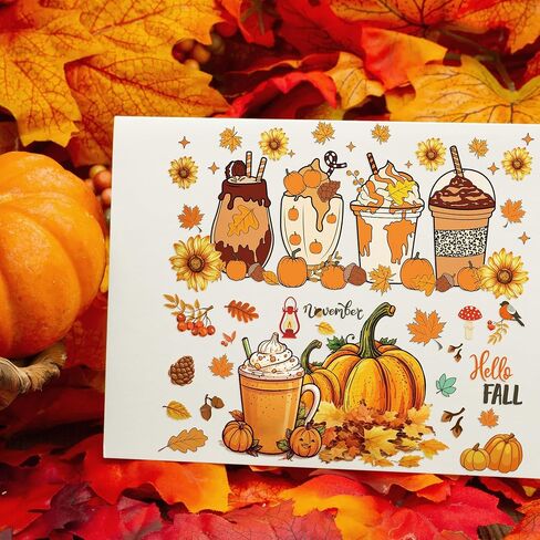 Autumn UV DTF Cup Wrap - 8 Sheets Hello Fall Pumpkins Halloween UV DTF Cup Wraps for 16 oz Glass Mugs, Thanksgiving Sunflower Turkey Cat Transfer Stickers Decals for Bonfire Party Creative Decorations in Kuwait