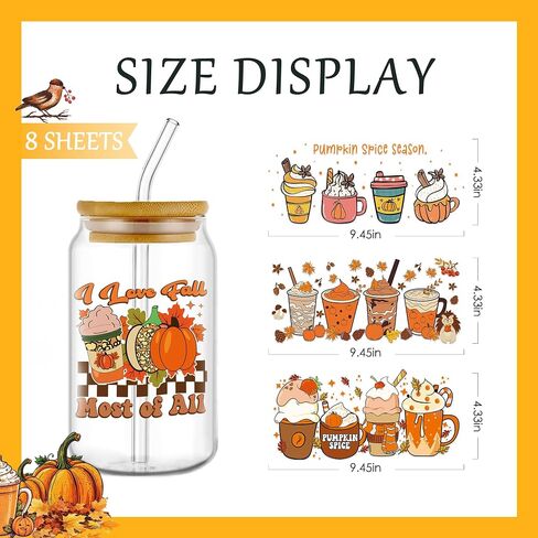 Autumn UV DTF Cup Wrap - 8 Sheets Hello Fall Pumpkins Halloween UV DTF Cup Wraps for 16 oz Glass Mugs, Thanksgiving Sunflower Turkey Cat Transfer Stickers Decals for Bonfire Party Creative Decorations in Kuwait