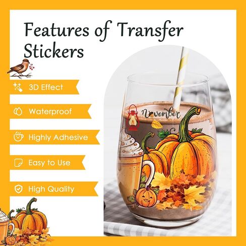 Autumn UV DTF Cup Wrap - 8 Sheets Hello Fall Pumpkins Halloween UV DTF Cup Wraps for 16 oz Glass Mugs, Thanksgiving Sunflower Turkey Cat Transfer Stickers Decals for Bonfire Party Creative Decorations in Kuwait