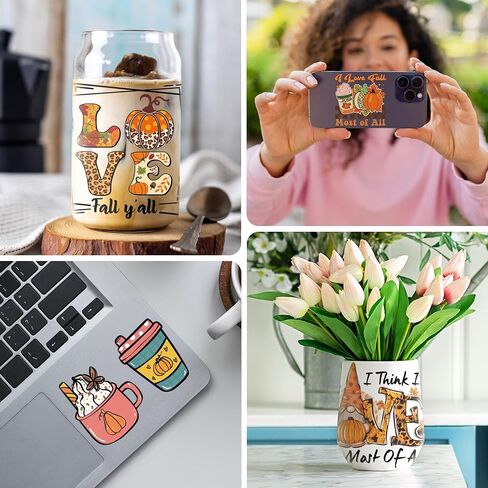 Autumn UV DTF Cup Wrap - 8 Sheets Hello Fall Pumpkins Halloween UV DTF Cup Wraps for 16 oz Glass Mugs, Thanksgiving Sunflower Turkey Cat Transfer Stickers Decals for Bonfire Party Creative Decorations in Kuwait