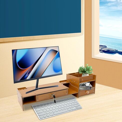 Desktop Monitor Stand with Storage Drawer, Adjustable Monitor Riser for Desk, Multifunctional Desk Organizer Computer Monitor Booster Stand for Laptop, PC, Computer, Printer (Cherry Wood) in Kuwait