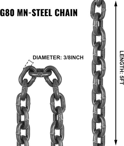 سلاسل رفع VEVOR 5/16 بوصة × 5 قدم سلسلة حبال لرافعة المحرك G80 سبائك الصلب رفع سلاسل حبال 3 طن مع 4 خطافات للإمساك بالساق in Kuwait