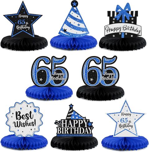 Happy 65th Birthday Party Decorations, Glitter Shiny Honeycomb Table Centerpieces 65 Years Old Birthday Party Photoprop Sign. - Blue Glitter in Saudi Arabia