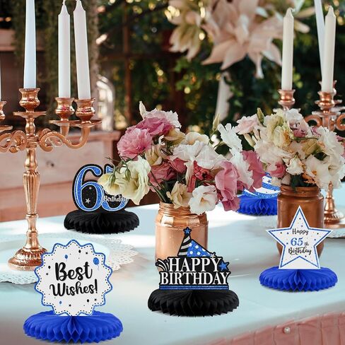 Happy 65th Birthday Party Decorations, Glitter Shiny Honeycomb Table Centerpieces 65 Years Old Birthday Party Photoprop Sign. - Blue Glitter in Saudi Arabia