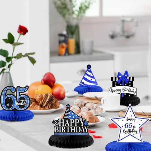 Happy 65th Birthday Party Decorations, Glitter Shiny Honeycomb Table Centerpieces 65 Years Old Birthday Party Photoprop Sign. - Blue Glitter in Saudi Arabia