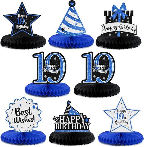 Happy 65th Birthday Party Decorations, Glitter Shiny Honeycomb Table Centerpieces 65 Years Old Birthday Party Photoprop Sign. - Blue Glitter in Saudi Arabia