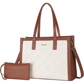 MOSISO Laptop Tote Bag, 15.6 inch PU Leather Women Rhombus Quilted Handbag & Clutch Purse, Waterproof Computer Bag Work Briefcase for Business Office, Brown
