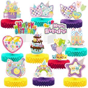 12 Pcs Cat Birthday Party Decorations Cartoon Cat Honeycomb Centerpieces Colorful Rainbow Kitty Supplies Lovely Kitten Paper Cutouts Table Topper Decorations for Baby Shower Birthday Party