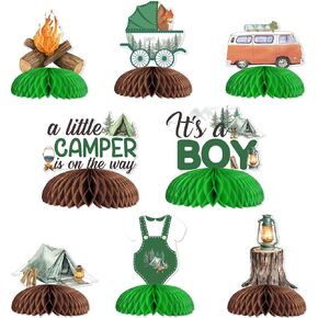 Jollyboom Little Camper Baby Shower Decorations, 8pcs A Little Camper is On The Way Honeycomb Centerpiece It's a Boy Table Topper for Woodland Camping Happy Camper Adventure Baby Shower Party Supplies