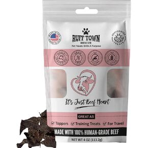 Ruff Town Dog Treats - Human Grade Grade Beef Heart | مكون واحد مجففة | ارتفاع البروتين ، والدهون المنخفضة ، و hypoallergenic ، وعلاج التدريب الخالي من الحبوب | مثالي لجميع السلالات والأحجام ، المصنوعة في الولايات المتحدة (4 أوقية)